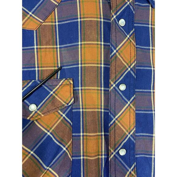 Wrangler Shirt Mens Large Orange Blue Plaid Pearl Western Cowboy Vintage 80s - Picture 7 of 15